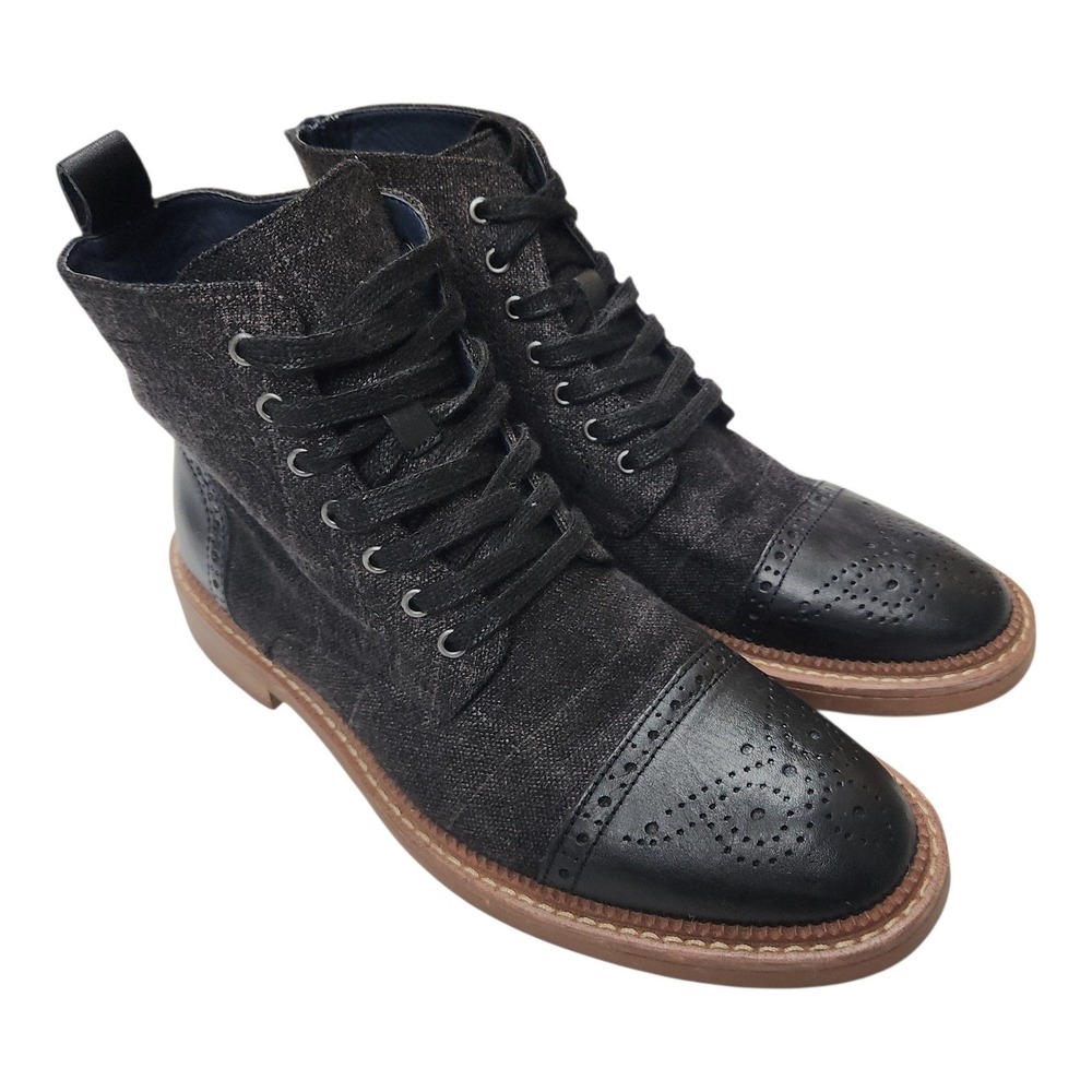 La Milano‎ Andrew II Boots Size 8 Black Denim and Leather Lace Up Cap Toe Brogue